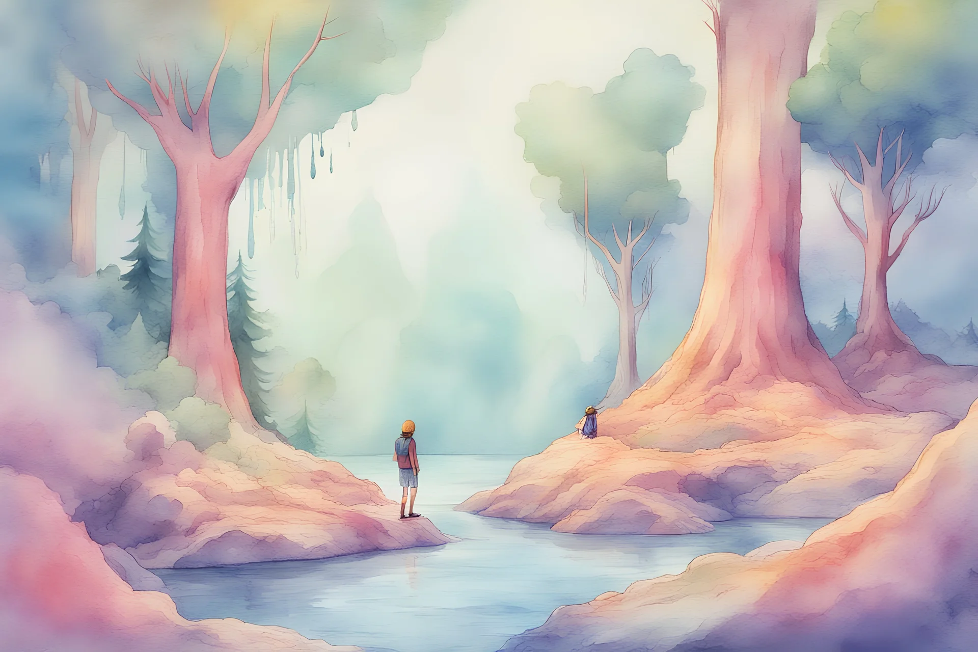 concept art water color style for teenagers in other planet having adventure two teenagers mystery weird cretures trees exiting colorful