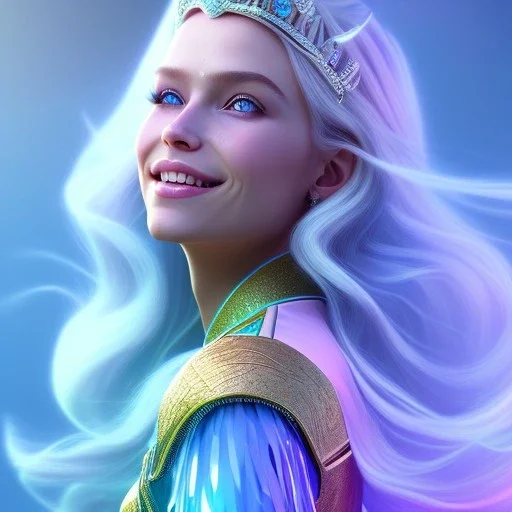 A portrait of a full body crystalised blue pink queen,smiling face, blue eyes, long blond hair, atmospheric, realistic, unreal engine, lighting