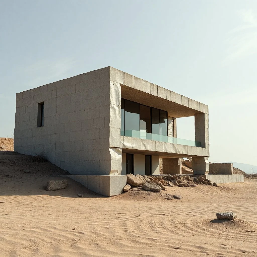 Fotografia sublime di una villa moderna brutalista con alluminio riflettente. La struttura è erosa e inglobata dal paesaggio naturale, come se il tempo o l'ambiente avessero iniziato a "riassorbirla". L'atmosfera è desolata e surreale, con un ambiente circostante spoglio e sabbioso hasselblad h6d400c