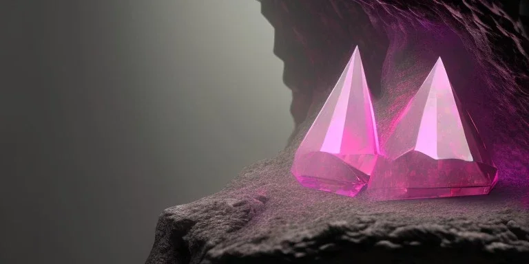 single pink crystal, on an altar in a foggy cave, cinematic,