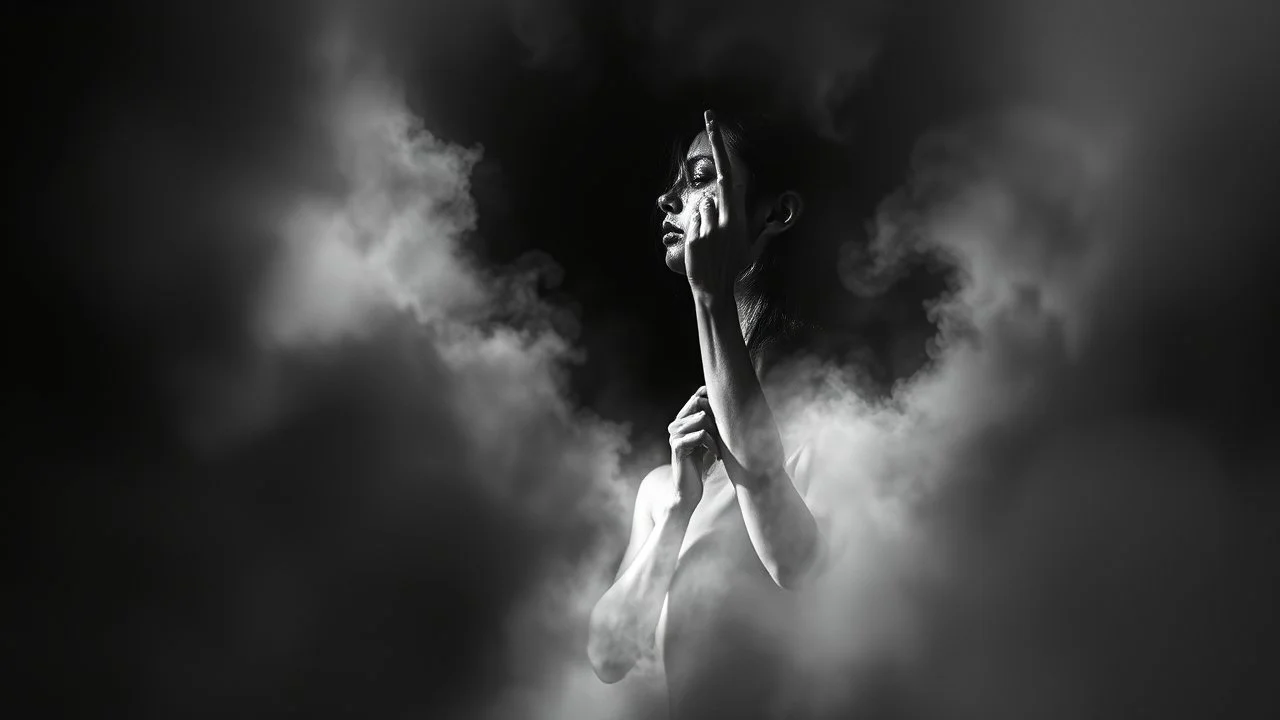 surreal vibe, grayscale, black and white, a caracter dissolving into shadows and fog, body torn into shards of light and darkness. A haunting, dreamlike composition that captures isolation, inner demons, struggle of anxiety. surreal, fog, shadows, atmospheric