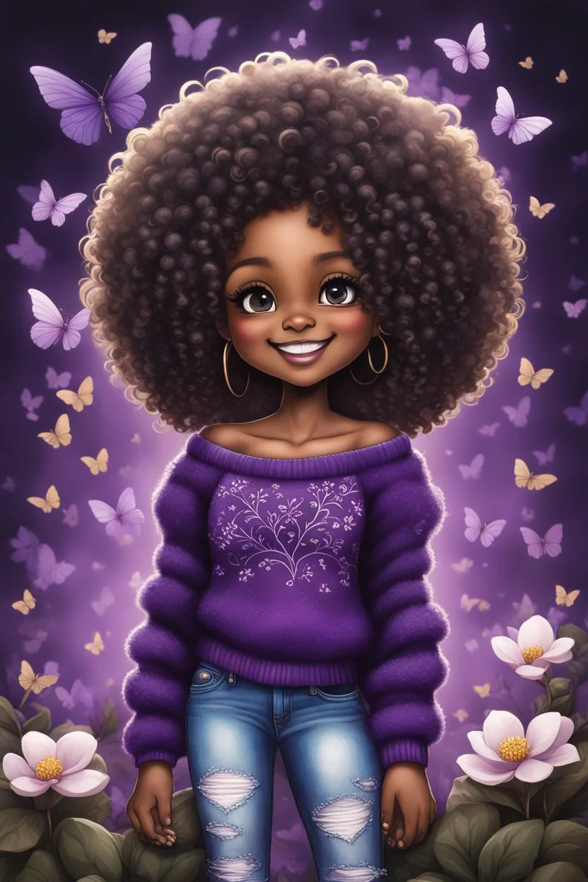 Create a detailed and vibrant charcoal illustration of a chibi black thick female and curly tight afro. She is wearing a purple off-shoulder sweater, blue torn jeans, and tan-colored boots with fluffy white trim. SHe has a confident and cheerful expression, with large expressive eyes and a bright smile. background of black and purple butterflies and magnolia flowers around her