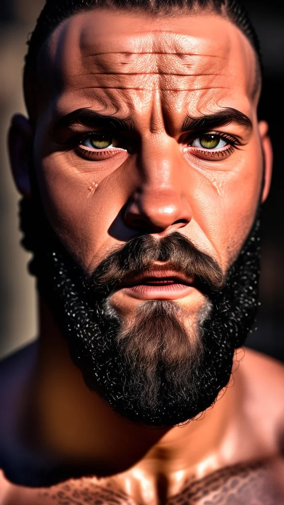 stunning extreme frontal close up photography of a 37 years old burly muscular marocan chubby ugly biker, sensual smile , shirtlesst, long hair, long beard, sitting in a pub , photorealistic, side light, ambient occlusion, frontal view, 80mm lens, sensual eyes