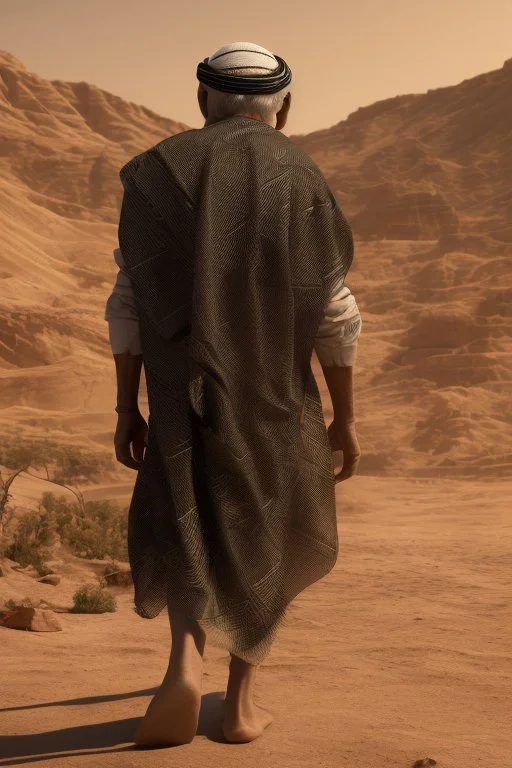 An old man wearing an Arabic keffiyeh, his back bent, walking barefoot, holding his cane upside down, looking back and holding his shoe in his hand.