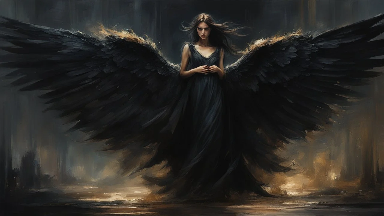 Dark and ethereal, the angel's black wings spread. Each wing carried with it an ancient story, a deep secret that hid in the shadows. cinematic detailed mysterious sharp focus high contrast dramatic volumetric lighting, :: mysterious and dark esoteric atmosphere :: digital matte painting by Jeremy Mann + Carne Griffiths + Leonid Afremov,, dramatic shading, detailed face