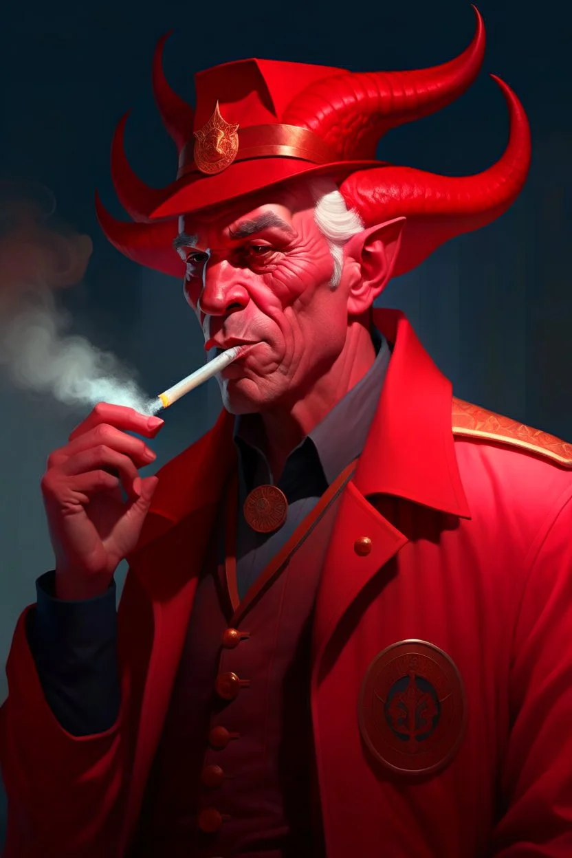 An old male red tiefling wearing a police comisioner outfit smoking a cig.