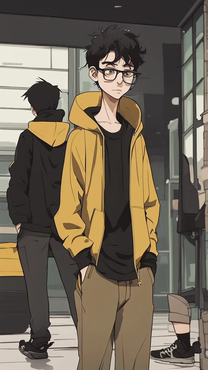 generate a tall guy with green eyes, black short hair, black rectangular glasses, plump lips, wide shoulders, in a black sweatshirt, black pants with pockets on the hips, yellow short socks, in black sneakers, wide shoulders, the guy is crying