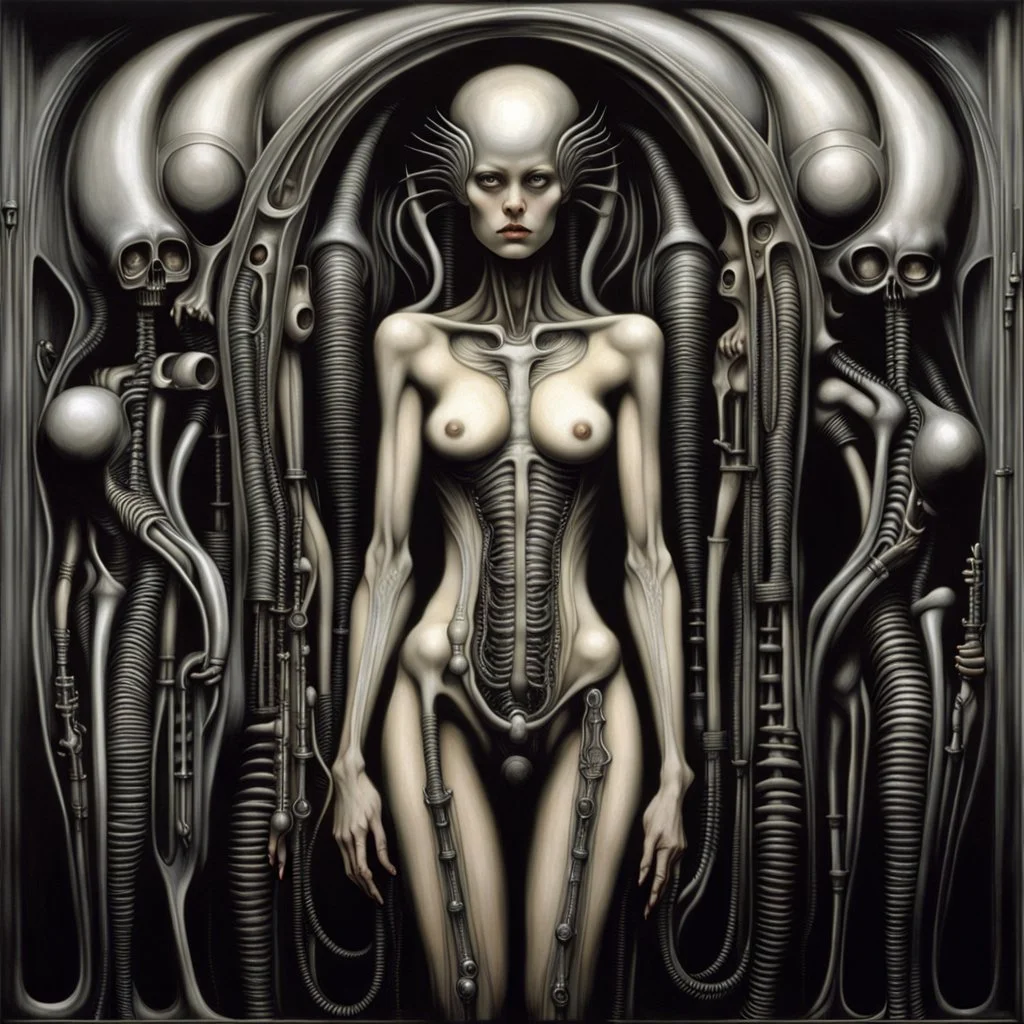 HR Giger's work often featured erotic and sexual themes, intertwined with his signature biomechanical style. His artwork explored the intersection of the human body, sexuality, and machinery in a way that was both provocative and unsettling. Giger's portrayal of eroticism often involved the fusion of organic and mechanical elements, creating surreal and otherworldly scenes that challenged traditional norms of sexuality and beauty. His artwork often depicted grotesque and sexualized beings, with