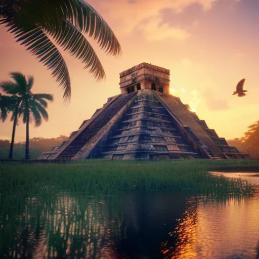 Chichen Itza, sunset, rainbow sunset, waterfall, palms, twigs, spring, sunset rainbow, bridge flying birds, unreal engine 5, cinematic lighting, realistic, hyper detailed, 8k, octane render