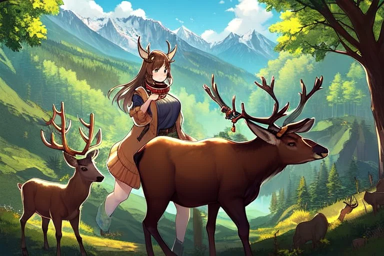 Girl,deer horns, , brown hair, deer ears, forest , mountain,collar on neck