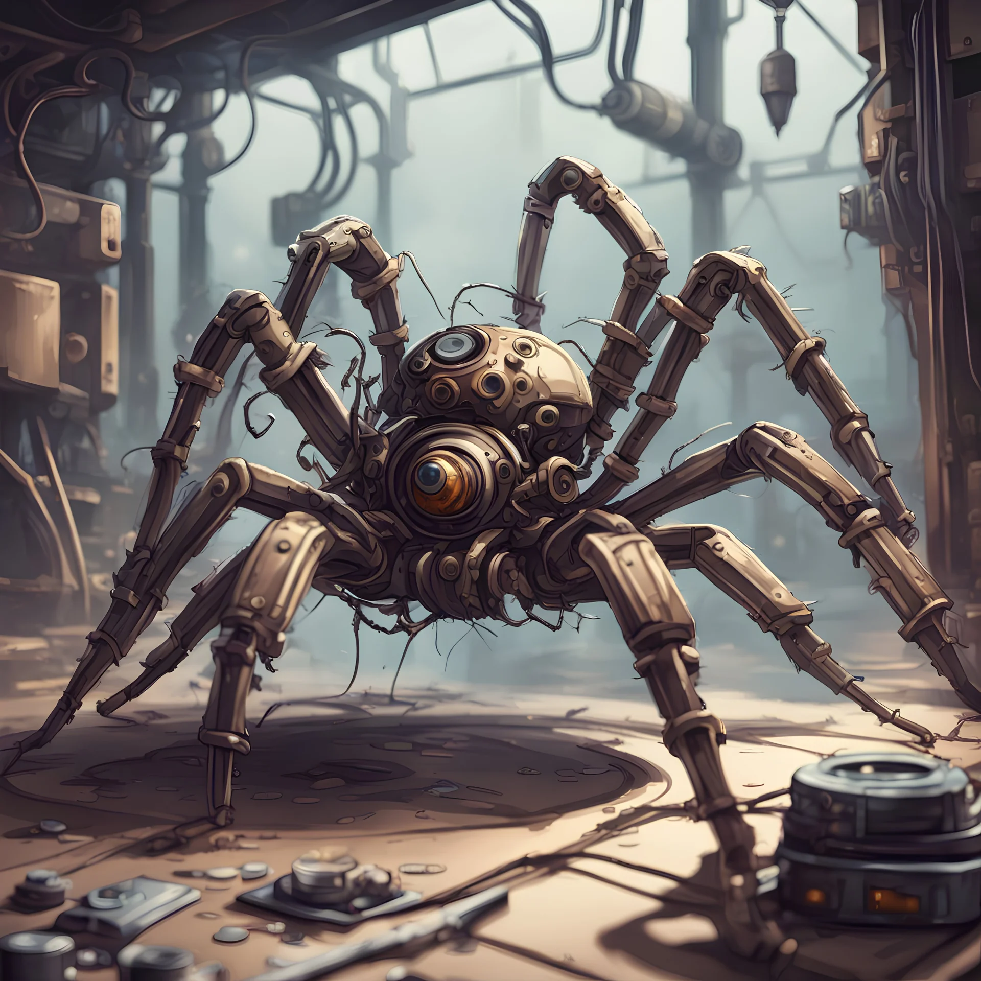 A mechanical spider resting as it gets maintenance, in card art style