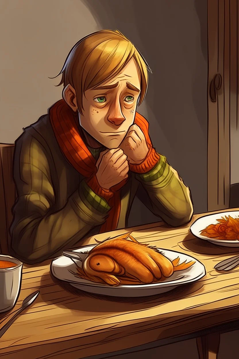 Agdon Longscarf eating Thanksgiving dinner alone, looking sad