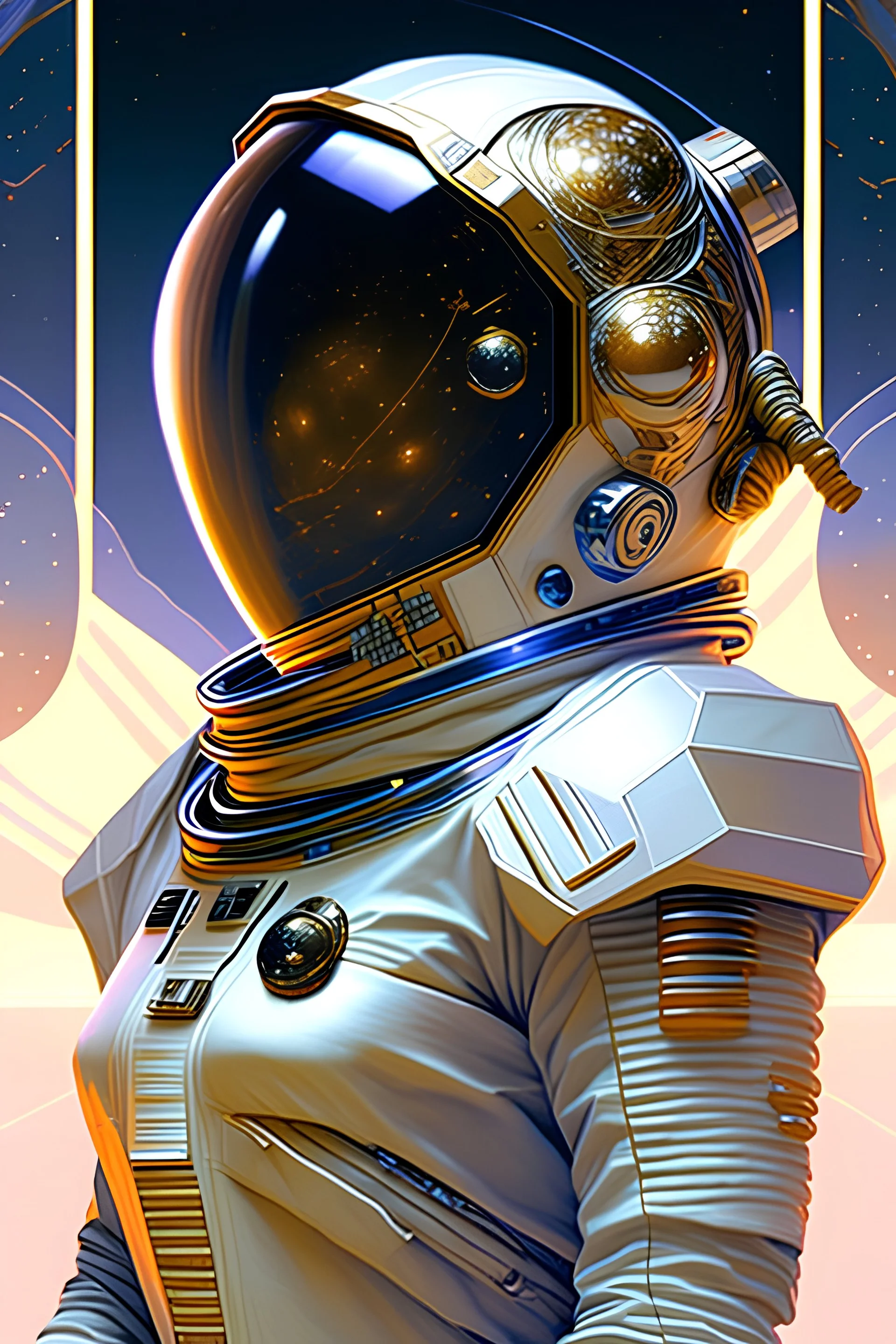 astronaut wearing a bitcoin symbol on helmet, futuristic, highly detailed, ultra realistic, concept art, intricate textures, interstellar background, space travel, art by alphonse mucha, ryan kittleson, greg rutkowski, leesha hannigan, stephan martiniere, stanley artgerm lau.