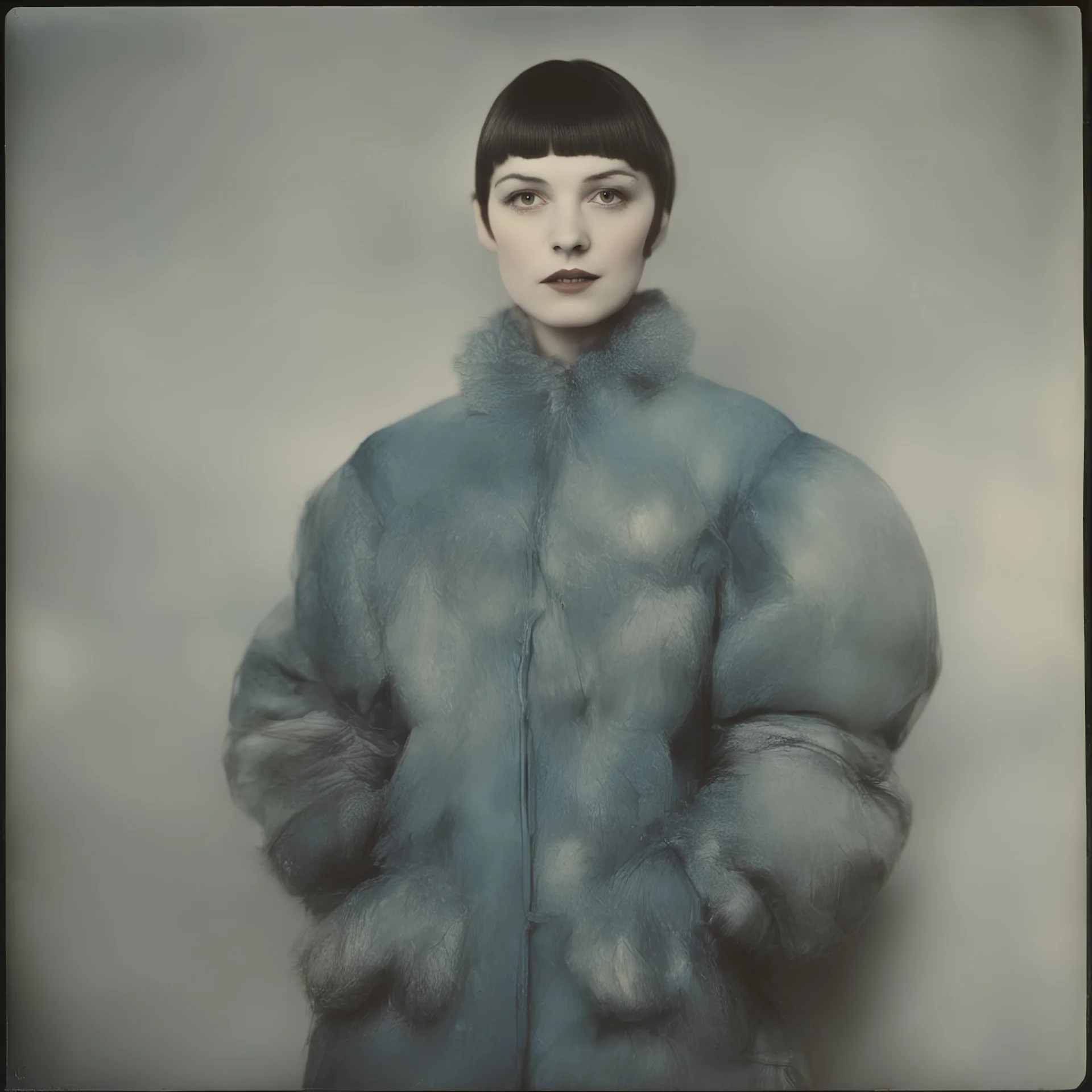 Actress Louise Brooks, blue, autochrome, plastic puffy jacket