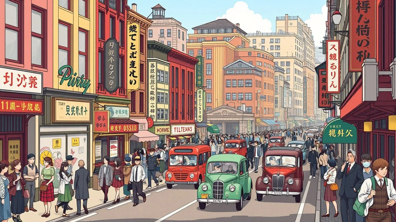 colorful flat illustration classical animes, A crowded city street scene in the early 20th century, with people walking on the sidewalks and vehicles on the road. The buildings have old-fashioned storefronts and signage, creating a vintage atmosphere. The overall scene appears to depict a bustling urban environment from a bygone era, draw art style influenced by japanese artists, niji, black outlines