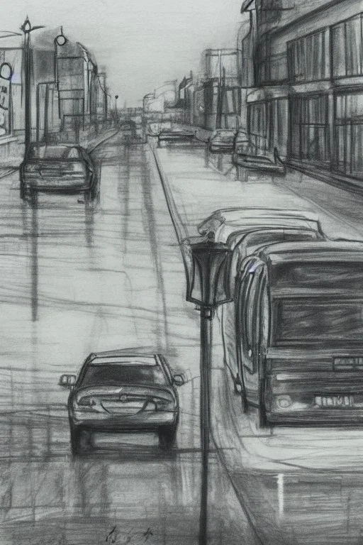 Pencil sketch of A car stops on an empty street, a traffic light, It's raining hard, night , houses on the side ، on lined paper