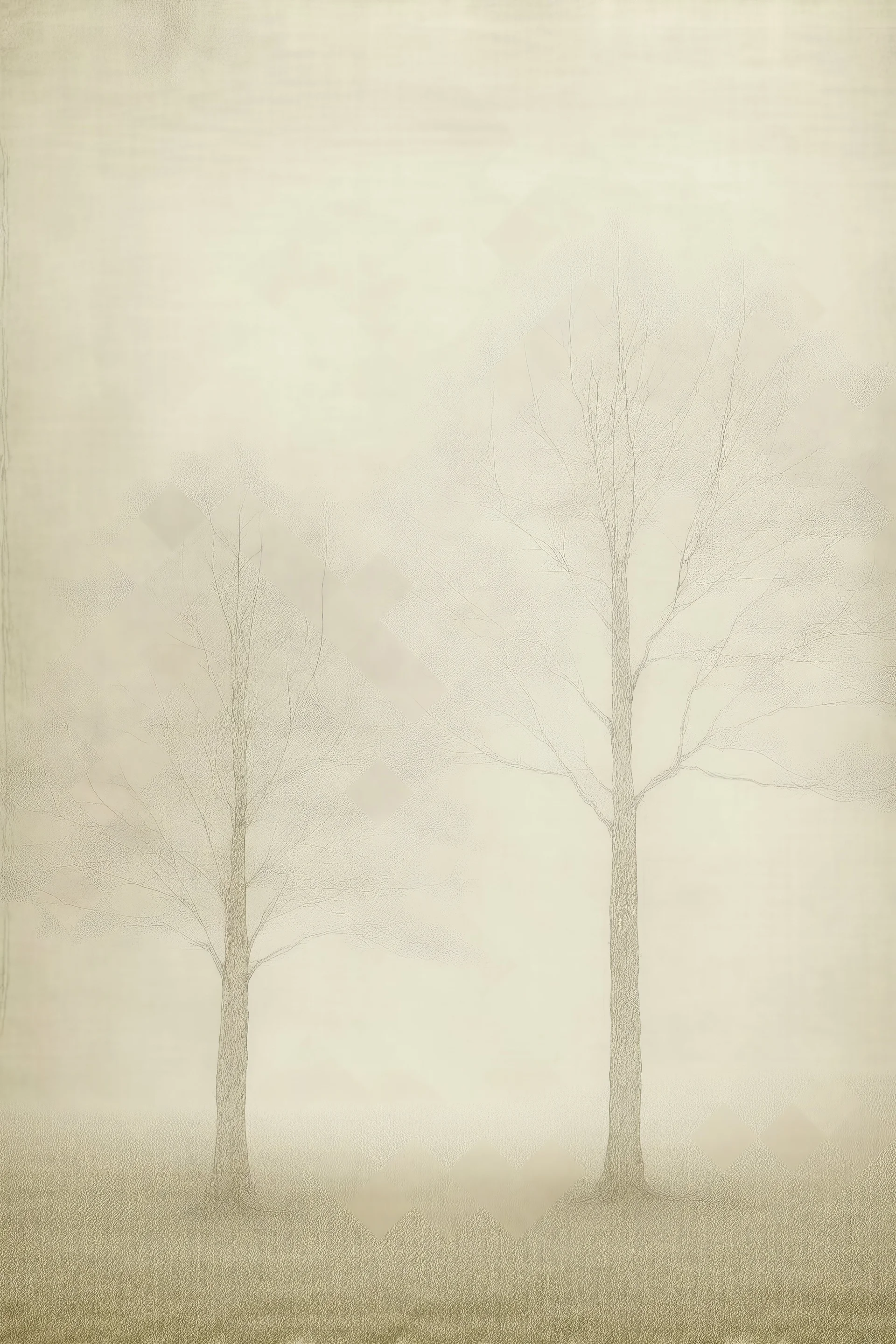 Minimalist rough abstract dusty pastel chalk drawing of oak trees on a textured gesso background.