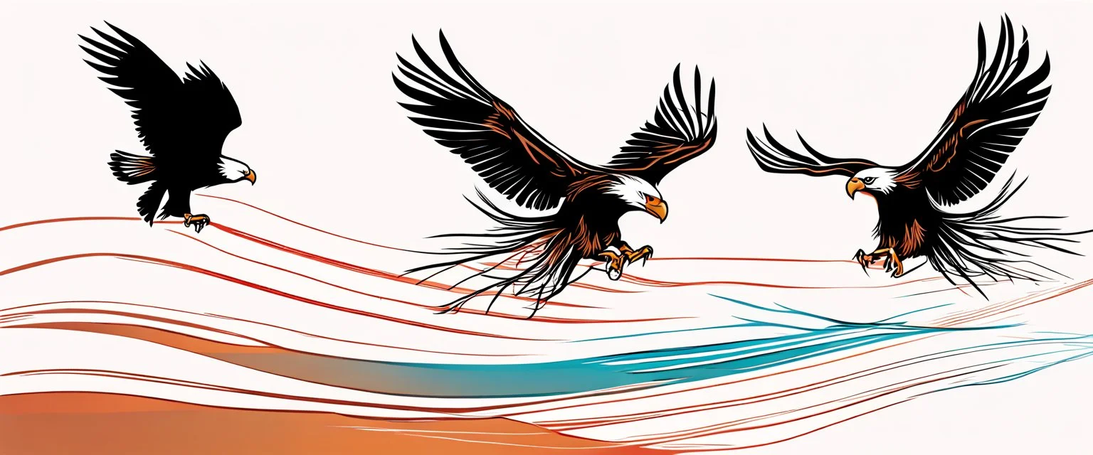 2 birds followed by eagle dive to the bottom right , while trailing graphic lines wind and lost feathers, vector