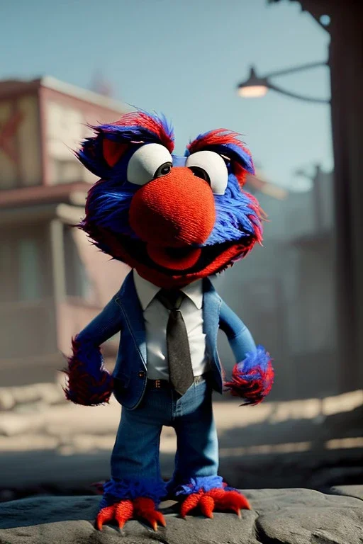 Realistic image, hybrid formed by simple Elmo muppet head and real human body, Shirt and tie, concept art, smooth, unreal engine 5, god lights, ray tracing, RTX, lumen lighting, ultra detail, volumetric lighting, 3d, finely drawn, high definition, 4k.