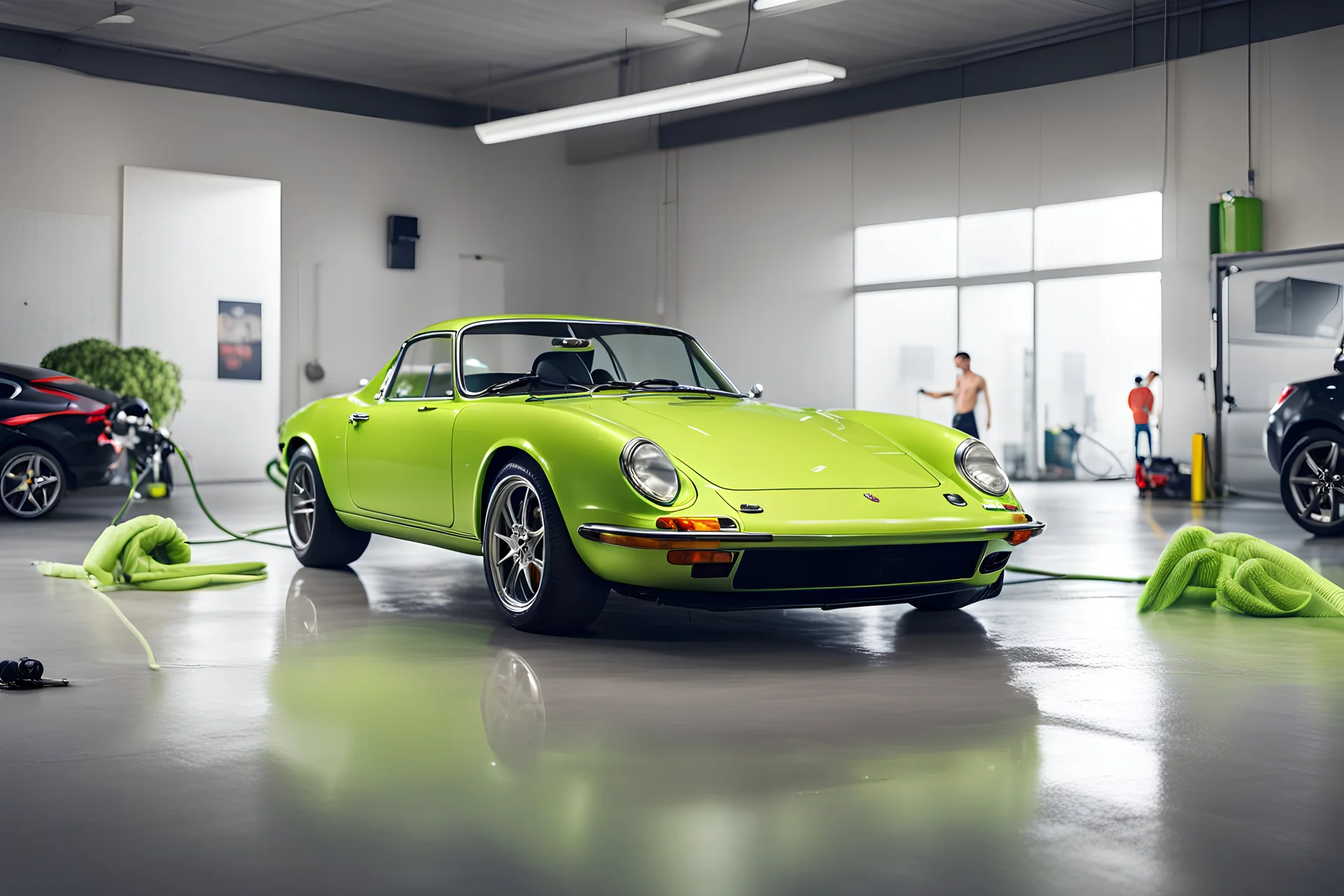 Realistic Image of a man in a do it yourself car wash inside an interior parking space with a tall ceiling, gray floor and white walls. The man is standing next to his lime porsche sports car holding a hose. There are professional equipment in the background. The man is wearing a lime t-shirt. The image has a realistic look.