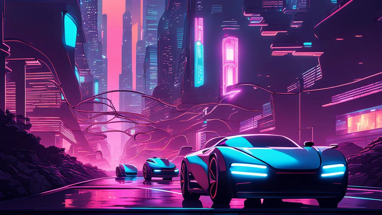 A futuristic cityscape at night with neon lights and flying cars.