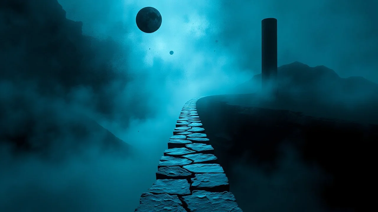 passage over nothingness, surreal, dark and cold abstract artwork dominated by deep blue, icy cyan, charcoal black and muted steel-grey tones. An narrow passageway emerges from an abstract distorted weird landscape, surrounded by thick fog and drifting mist. The space feels nightmare, alien and unsettling, with tiny floating circles and lines geometric forms, black onix column fragmented and unnatural perspectives. At the center of the composition cracked stone way over abyss