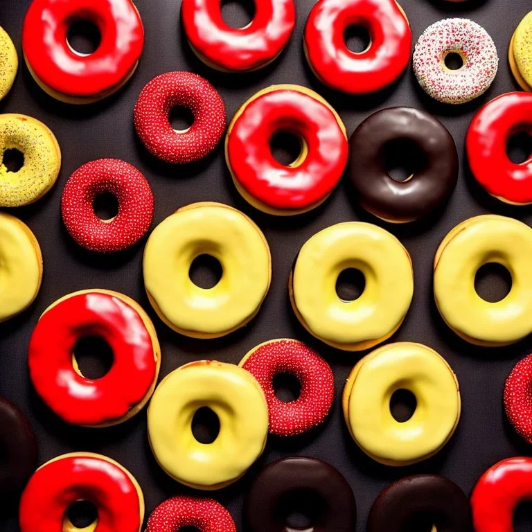 Yellow and red and black donuts on a black table