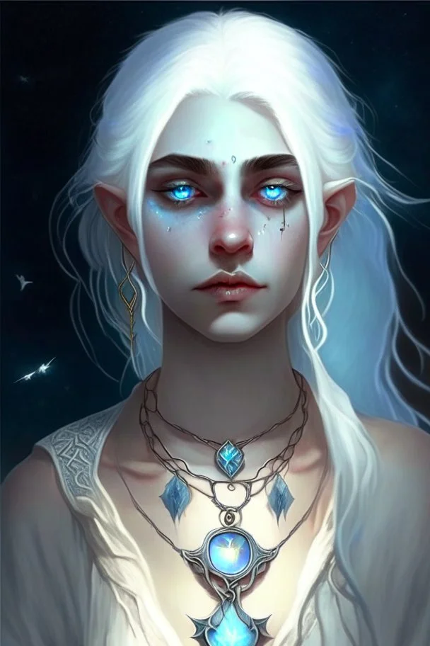 hauntingly beautiful character for dnd, young woman with white hair and blue eyes, angel, with moon necklace, dangs