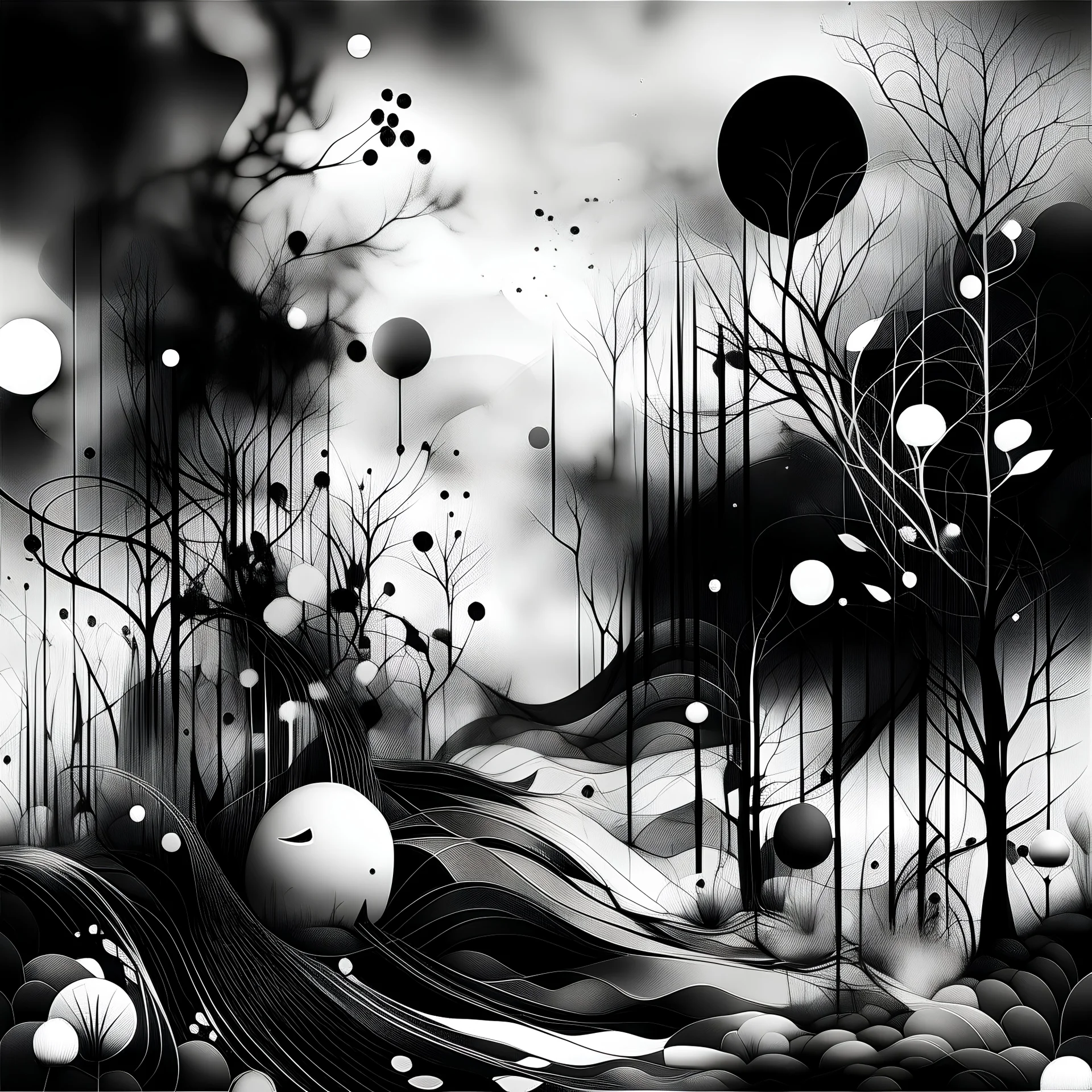 Abstract, dreamy, dreamlike, with a strong black and white contrast illustration for the ideia "Ceder para estar aberto a tudo aquilo que vem ter connosco; quando isso acontece, temos tudo e nada nos falta".