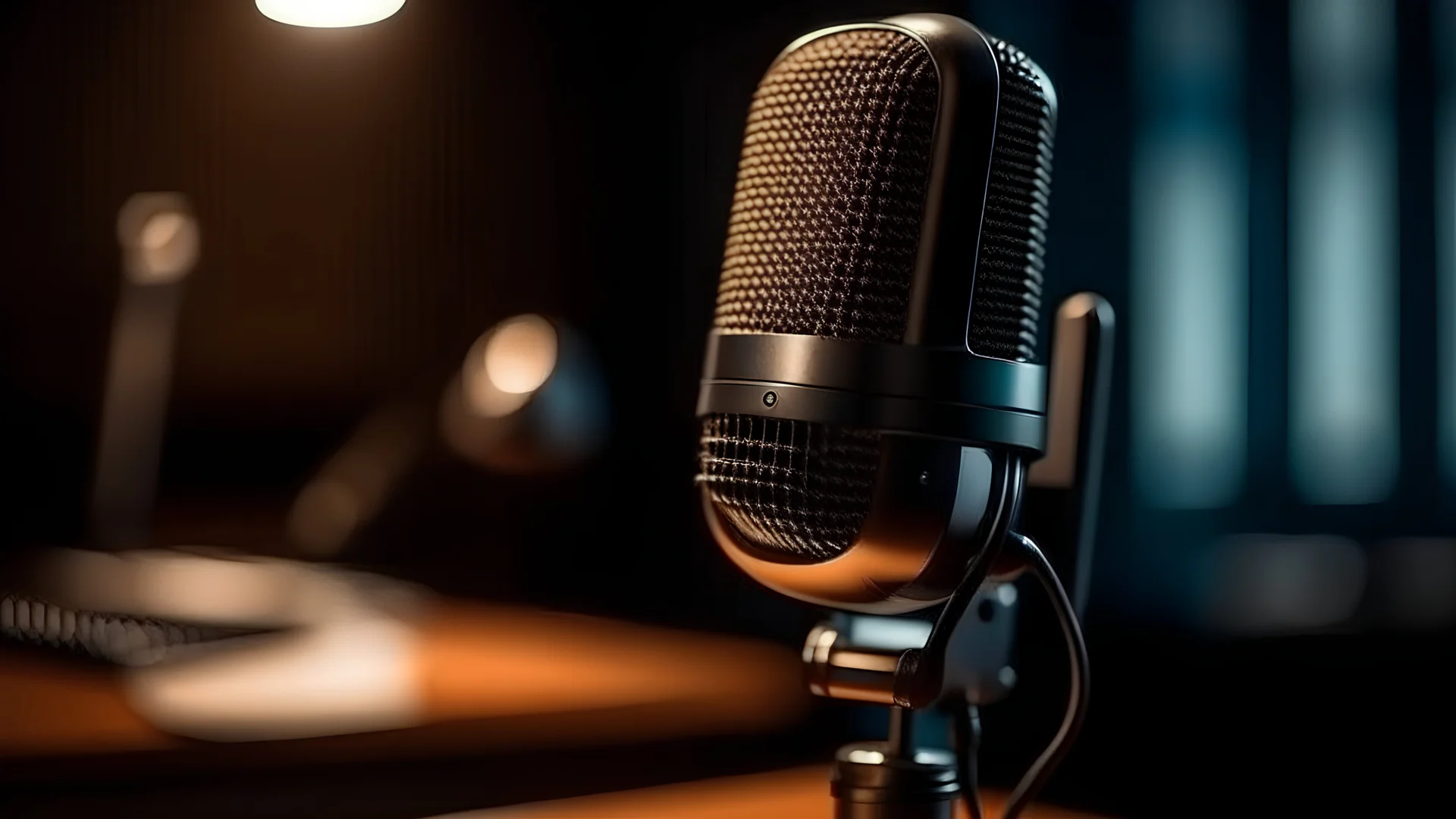 Close-up image of microphone in podcast studio.