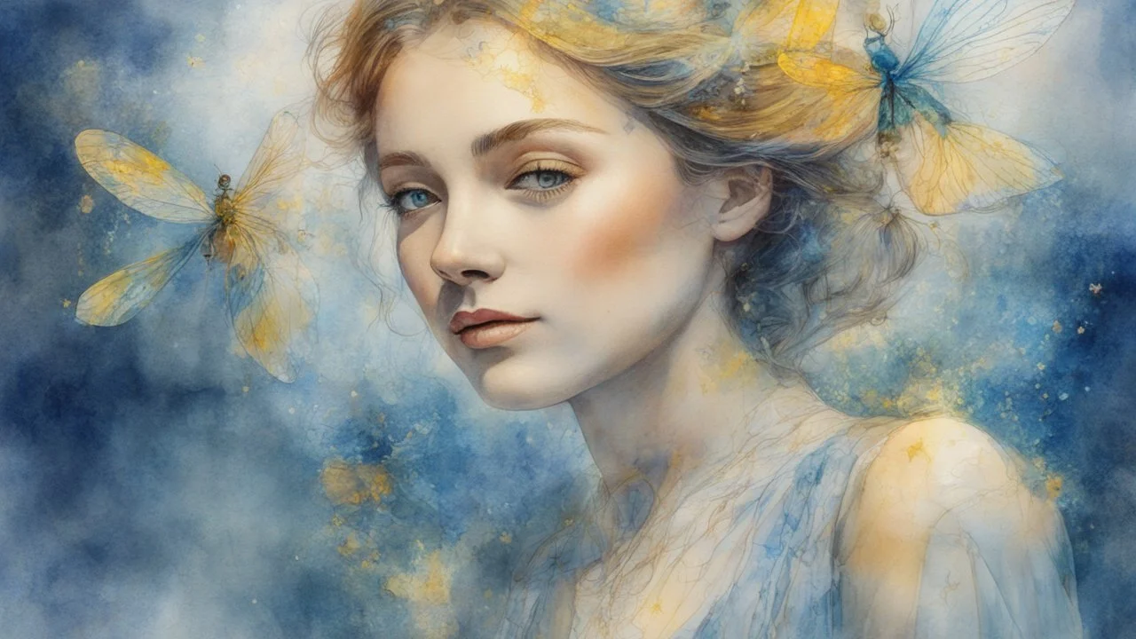 Victorian era, watercolor drawing, double exposure, fine rendering, portrait of a beautiful woman 30 years old, airy transparent dress, double exposure, dragonflies, fantasy, blue, yellow, flowing hair, highlights, sparkles, clear lines, detail, fine drawing, high resolution , 8K, photorealism, precise focus,