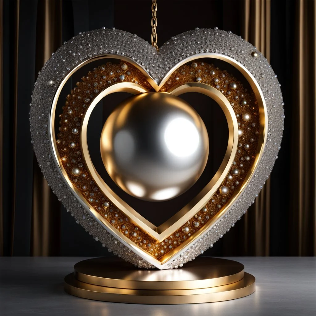 A magnificent golden and silver heart-shaped sign adorned with a stunning golden sphere encrusted with sparkling diamond clusters at its center, elegantly spinning in position.