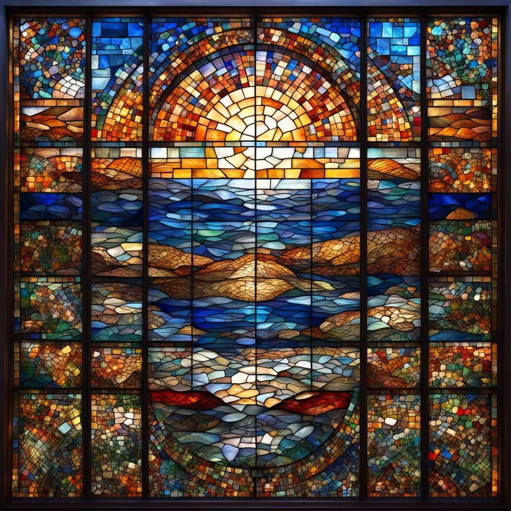 mesmerizing four panel stained glass window depicting times of the day: daytime - twilight - midnight - sunrise; mosaic with defined tile edges, ultra hd, realistic, vivid colors, best quality, fragile, dynamic, transparency, photorealistic