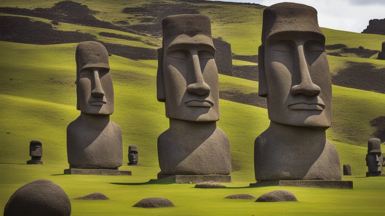 calm beauty, fantasy, magic, splendor, uplifting, inspiring, therapeutic, Easter Island stone statues with faces, springtime, sunlight, chiaroscuro, color, award-winning colour photograph, Nikon 135mm, style Disney, style Salvador Dali