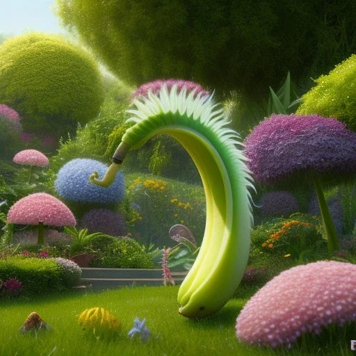 pixar style, volumetric summer garden environment and background, realistic painting of an banana, looking excited, detailed digital painting, extreme dense and fine fur, anime, ornate, colour-washed colors, elegant, small minutiae, tiny features, particulars, centered, smooth, sharp focus, renderman gofur render, 8k, uhd, detailed eyes, realistic shaded volumetric lighting, sunlight caustics, backlight, centered camera view