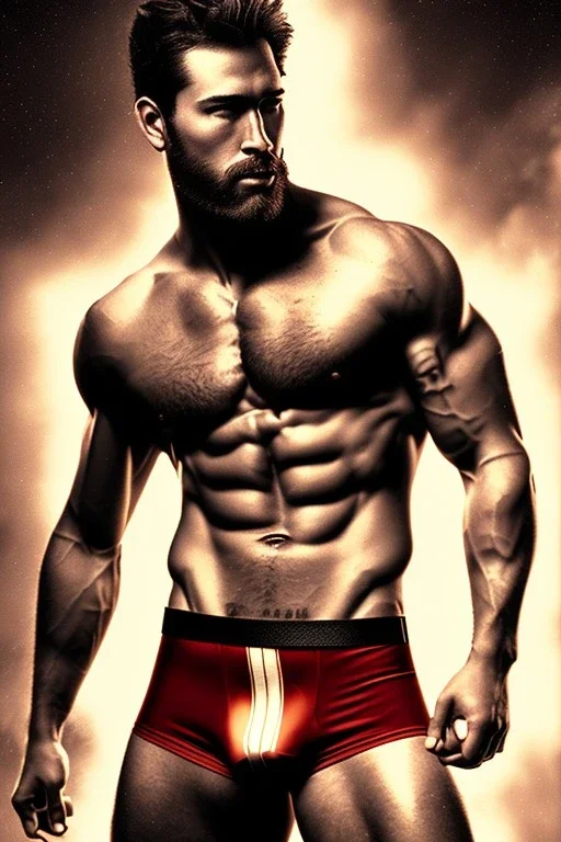 Ignore NSFW, teenager young rugged attractive slightly muscular fantastic handsome man, red briefs with yellow belt, hairy chest, (((visibly pisssing))) briefs, large erect visible boner peniss, photorealistic, artist Jay Anacleto, soft lighting, scruffy beard