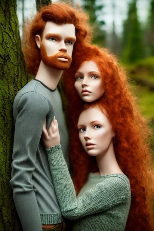 Jeune couple, visage hyper détaillé, réaliste. Forêt fantaisiste détaillée,paysage magnifique, Fille rousse aux cheveux raides et longs, garçon grand, musclé très longs cheveux bruns très bouclés. Fille jean pull, garçon tenue de bûcheron.