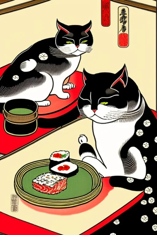 ukiyo-e style painting of two cats , sitting at a table, eating sushi