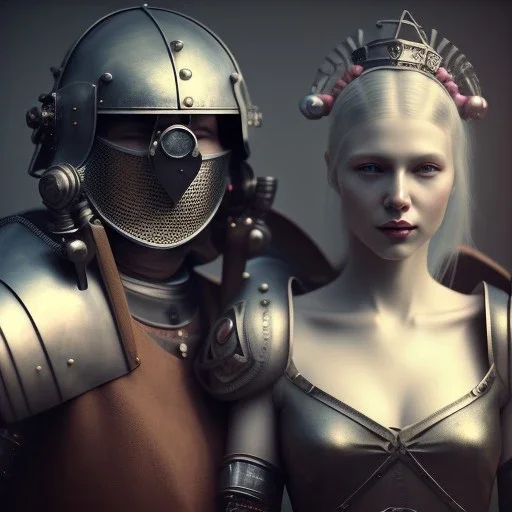 a cute smiling girl with her husband in medieval armor with a tattoo in her face, michelangelo style, steam punk, scary, horror, realistic, made in octane, cinematic, ultra-realistic, extremely detailed octane rendering, 8K, VRAY Super Real ar 2:3, dof photorealistic futuristic 50mm lens hard lighting dark gray tintype photograph, realistic lighting, sephia colors