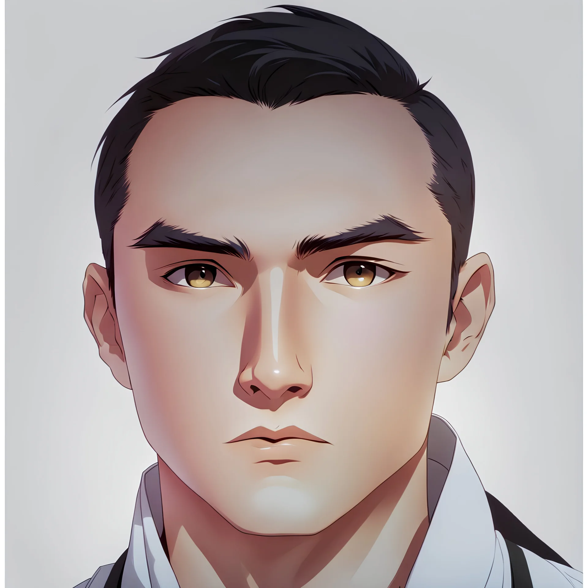 mysterious youthful Russan male, man, dark and intriguing, confident, intense, handsome, anime style, retroanime style, cool style, dark black short hairs, white shirt, white paint background, white man, brown eyes, small mustache, The head looks straight ahead