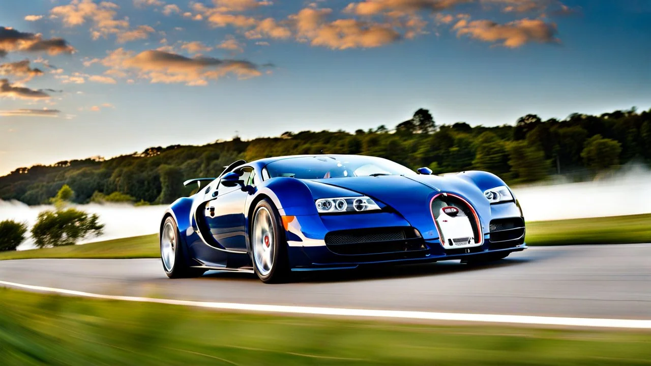 A sleek (((bugatti hyper veyron))),, cutting through a (((clear bright blue morning sky)))