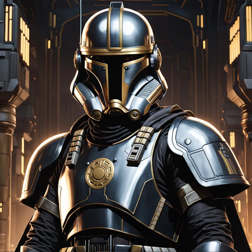 star wars bald male corellian pilot wearing pearlescent black and gunmetal grey First Order special forces heavy assault stealth commando armor and helmet with gold trim inside the jedi temple, hyperdetailed, dynamic lighting, hyperdetailed background, 8k resolution, volumetric lighting, light skin, fully symmetric details