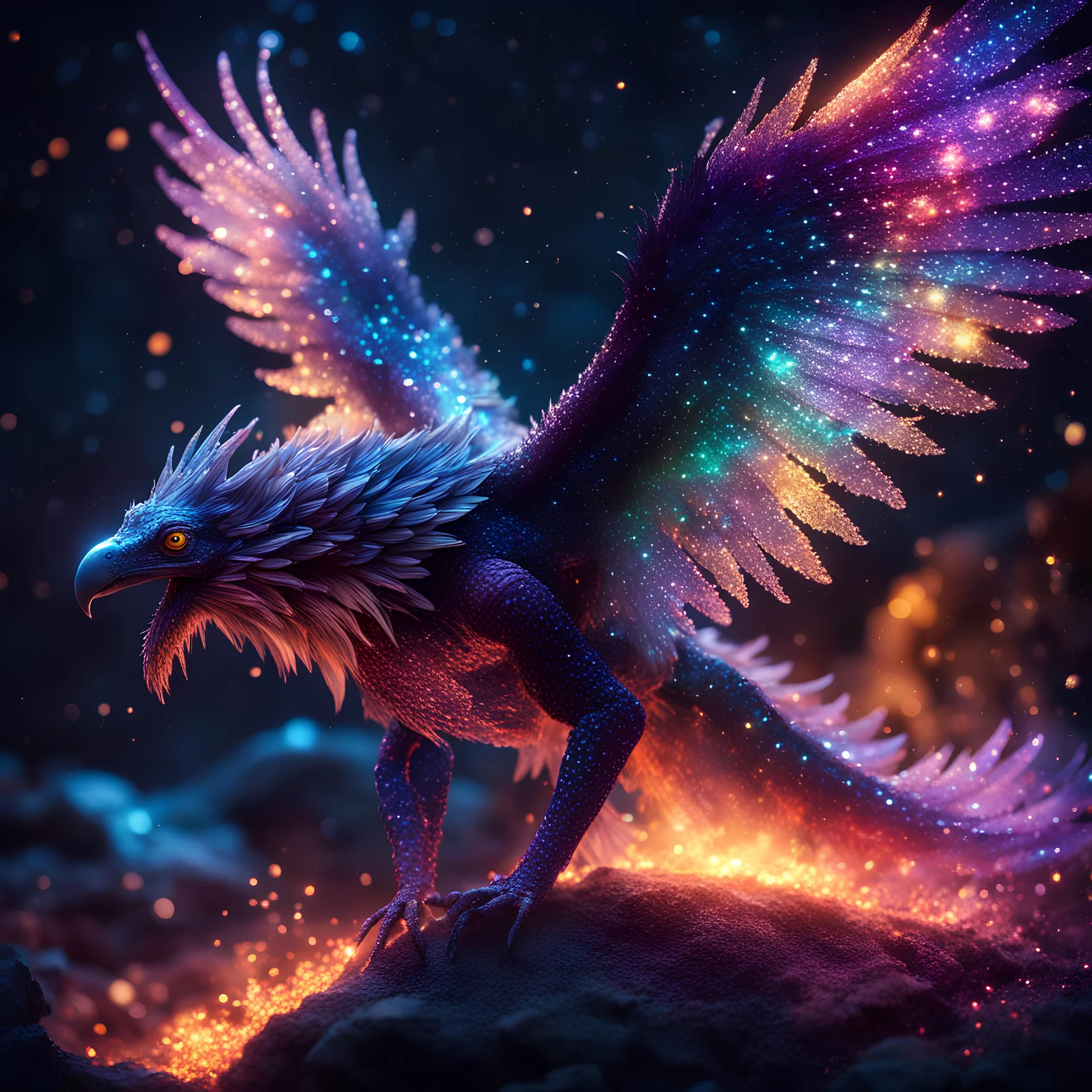 A majestic creature with iridescent scales and wings, soaring through a vibrant fantasy world, night starry sky, fire particles, bright colors, glowing sparkle particles, dark tone, sharp focus, high contrast, 8k, incredible depth, depth of field, dramatic lighting, beautifully intricate details, clean environment