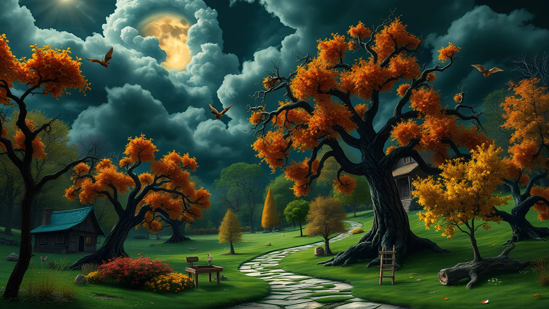 green park in the otherwise dark and oppressive land in faraway fairy tale village, orange, yellow, where the trees twisted like gnarled fingers and the skies brooded with stormy clouds, 8k, high quality, trending art, trending on artstation, sharp focus, studio photo, intricate details, highly detailed, by tim burton