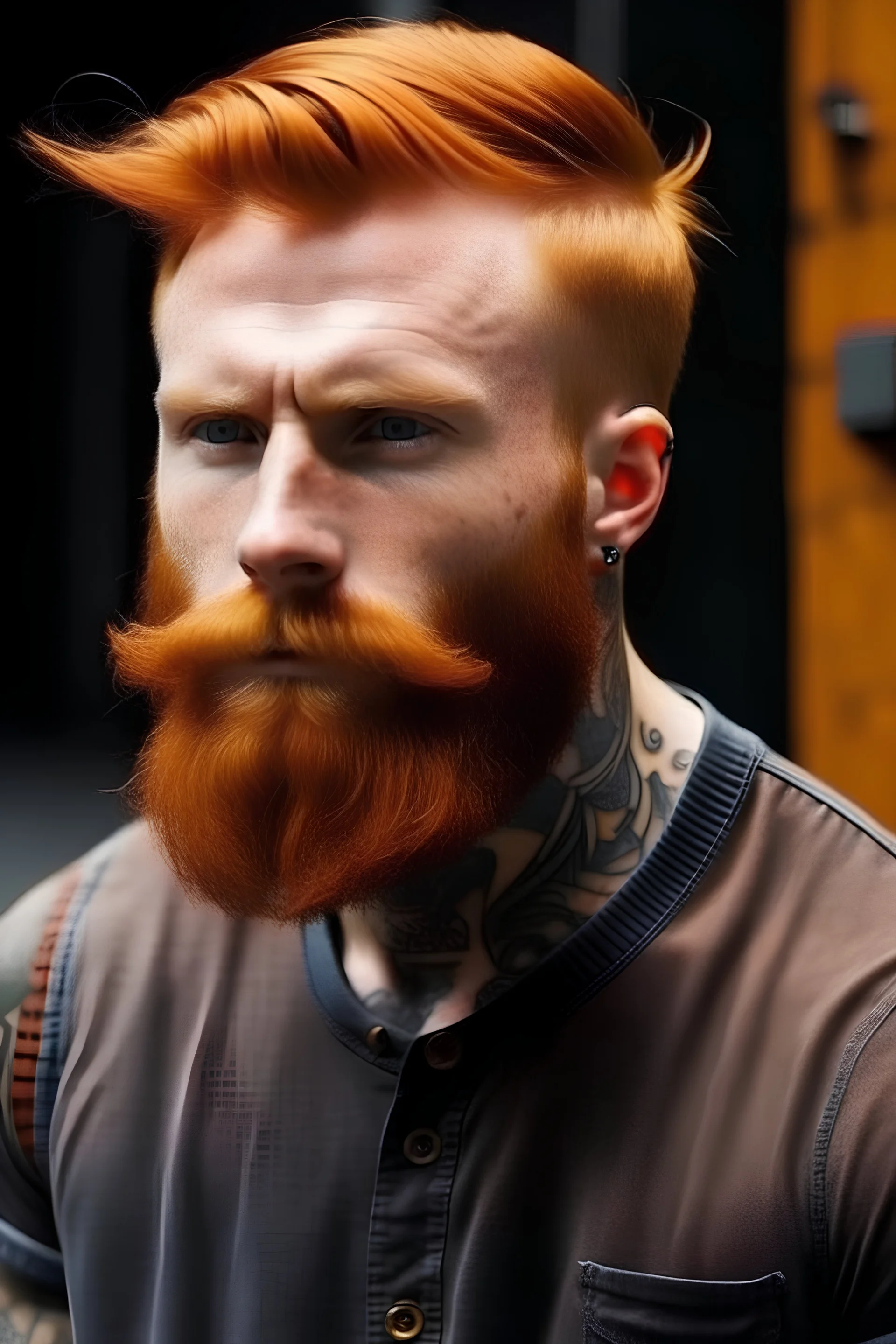 ginger man, beard, tattoos, small hair on top,