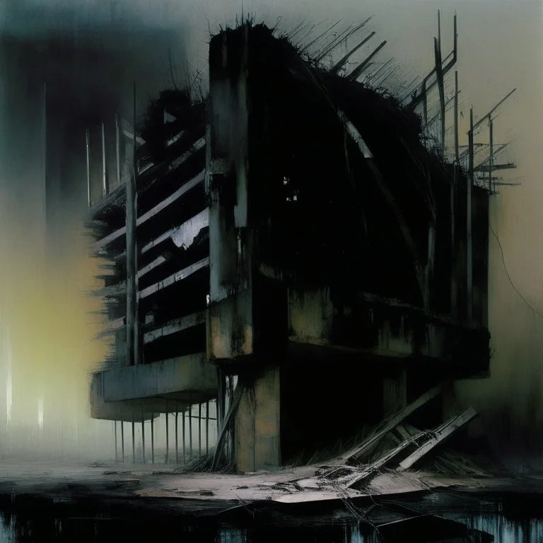 Dark Contemporary abstract painting of Lebbeus Woods brutalist concrete caroark in a wasteland techno decaying landscape. Hazy foggy night sky. Concrete ground. Exposed twisted concrete and pipes. Style Justin Mortimer and Francis Bacon. Close up