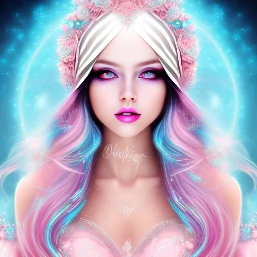 beautiful, soft, smiling face, whole head, long straight blonde hair blues eyes, crown on the head, clothing in transparent bluish and pink veil, background brillante bluish and pink,