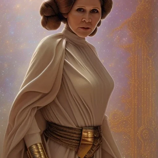 hyperspace background, complete and photo realistic detailed head to waist stunning photo realistic portrait of carrie fisher as Princess Leia in star wars with photo realistic updo hair by Mandy Jurgens and mucha and Richard Schmid and chuck close and chie yoshii, extraordinary and detailed ceremony dress of star wars,brown eyes