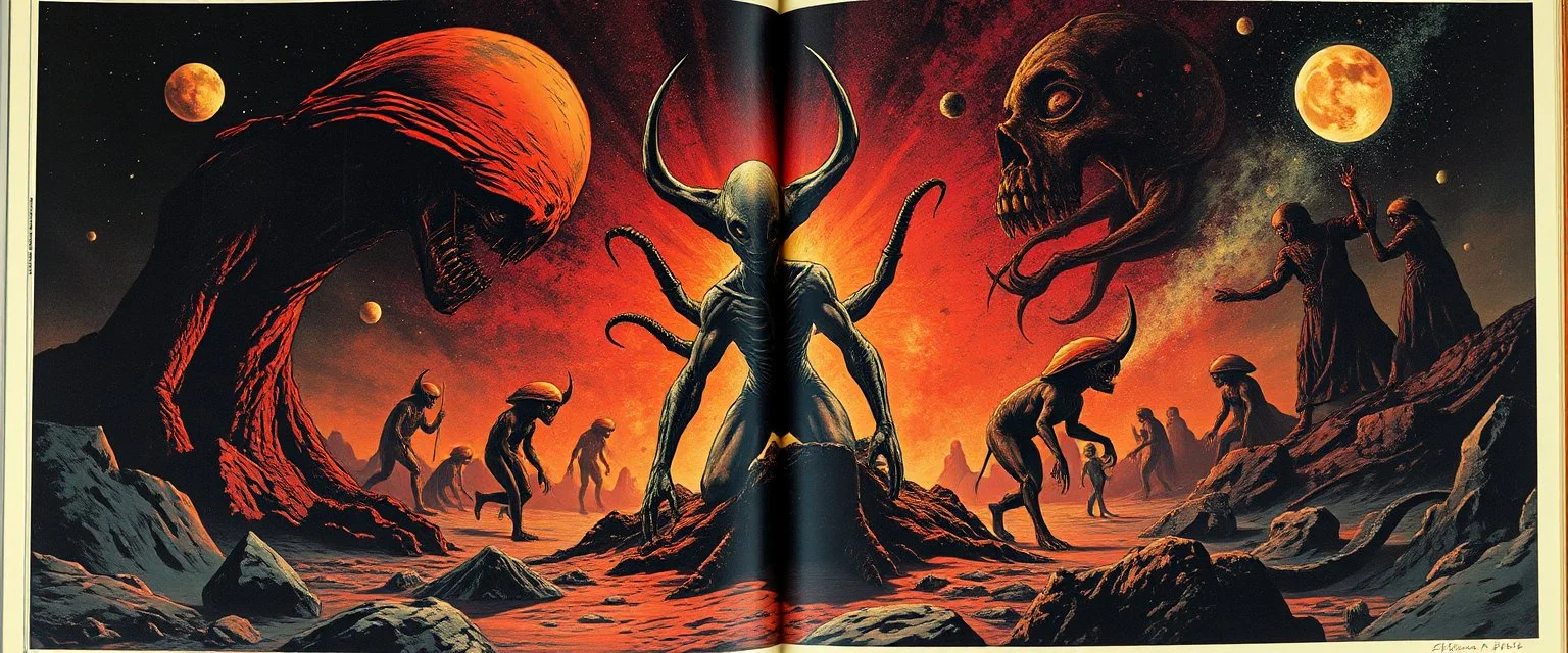 a high definition screen shot of a ancient alien comic book detailing the creatures found on other worlds, retrofuturistic, phototrealism, Macabre Rapture End of days Revelation scene, isanely detailed matte oil painting, sinner apotheosis,diagonal composition, unbalanced, abstract surreal horror, eerie, scary warm colors, Eldritch, JonKnockTurnal 2999 ufo, bilaterally