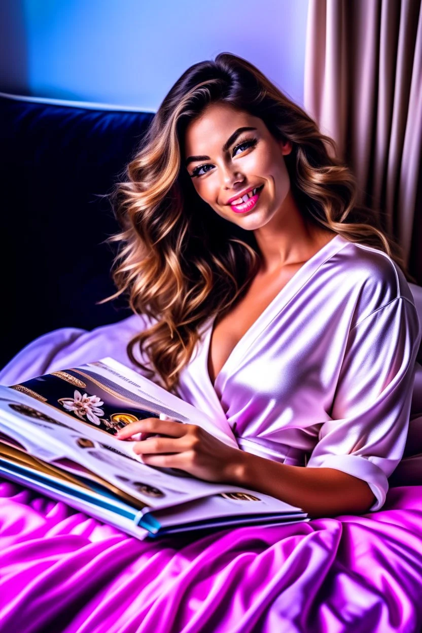 A stunning supermodel poses on a luxurious bed with silky sheets and pillows. She wears a chic and cozy sleepwear set from the latest designer collection. Her hair is styled in soft waves and her makeup is flawless. She smiles confidently at the camera, holding a copy of the magazine she is featured on